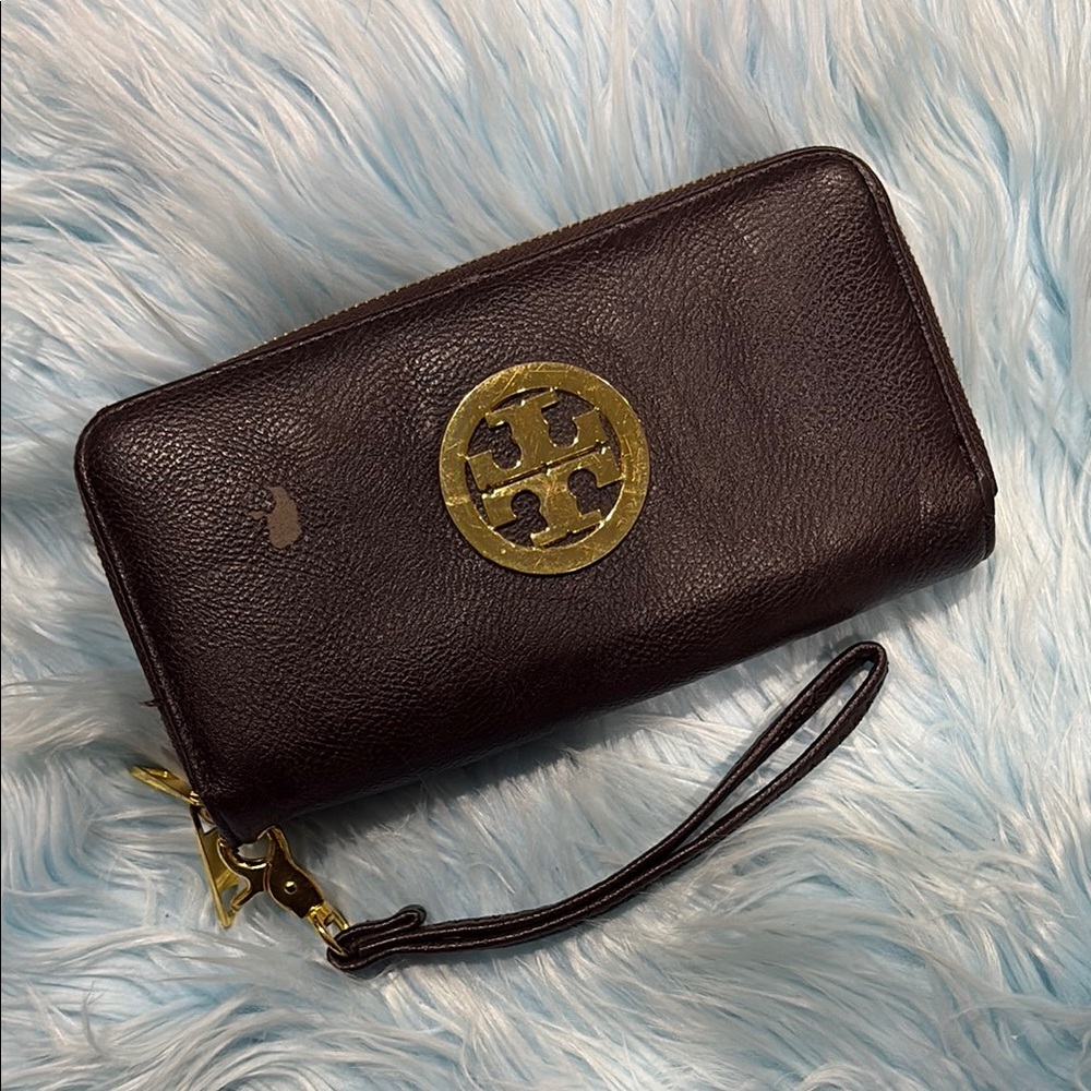 Tory Burch Dark Brown Leather Wristlet with Gold Accents